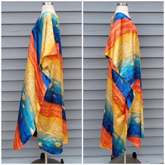 Vintage 80s Sunset Orange Gold Blue Beach Cover Up Shell Kaftan Caftan Mumu O/S - Picture 5 of 7
